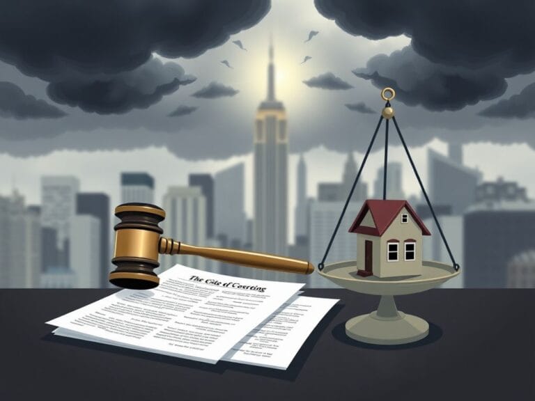 Flick International Conceptual illustration of a gavel and scales of justice against New York City skyline