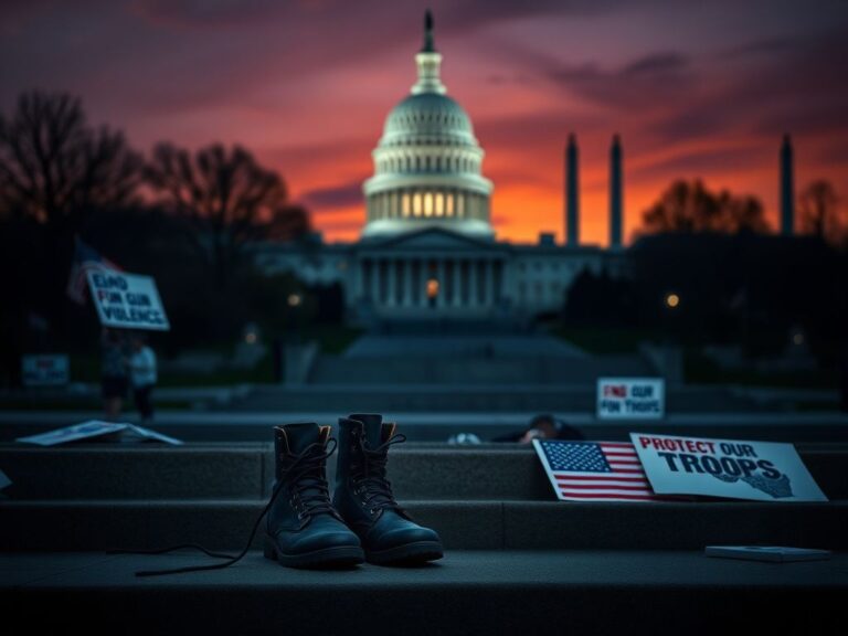 Flick International Somber scene of U.S. Capitol building at dusk with empty military boots symbolizing fallen National Guardsmen