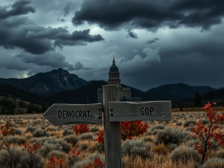 Flick International Dark landscape of Montana with storm clouds and a broken signpost indicating political division