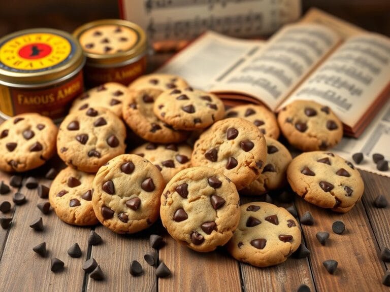 Flick International Assortment of Famous Amos-style mini chocolate chip cookies on a rustic wooden table with nostalgic elements