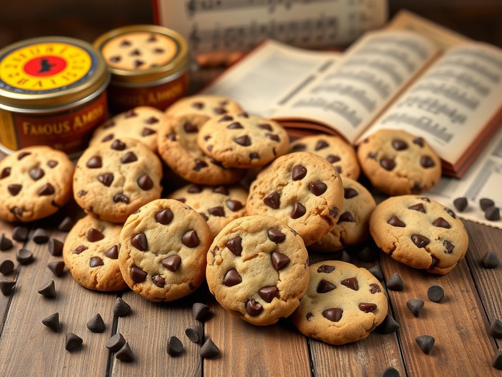 Flick International Assortment of Famous Amos-style mini chocolate chip cookies on a rustic wooden table with nostalgic elements