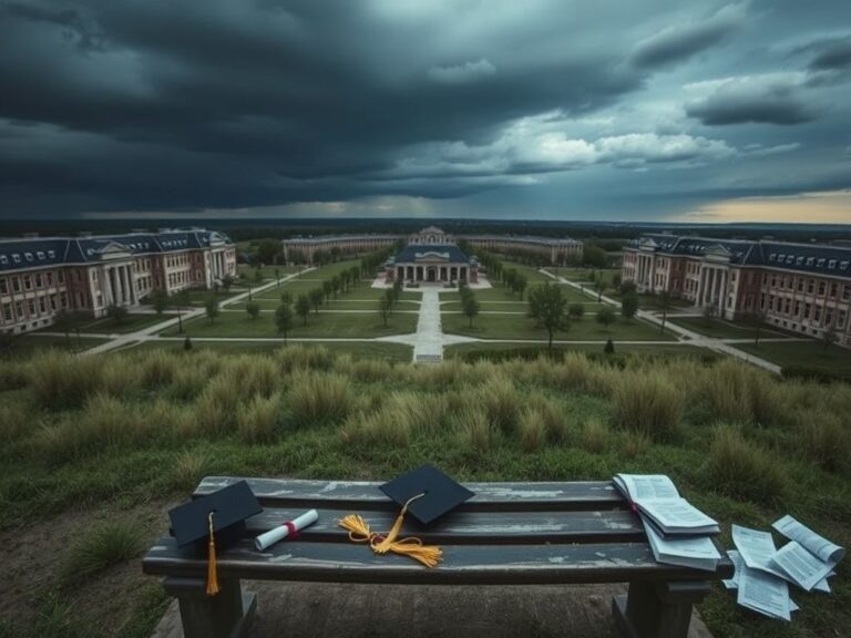 Flick International Overhead view of an empty university campus with abandoned buildings and unused graduation caps.