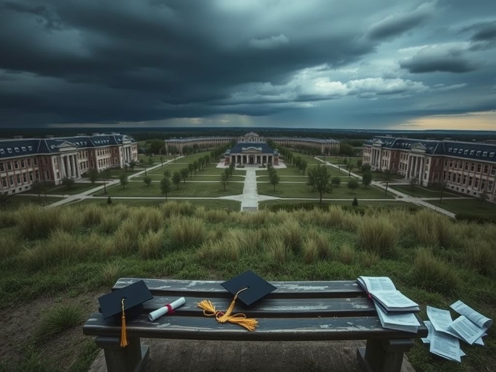 Flick International Overhead view of an empty university campus with abandoned buildings and unused graduation caps.