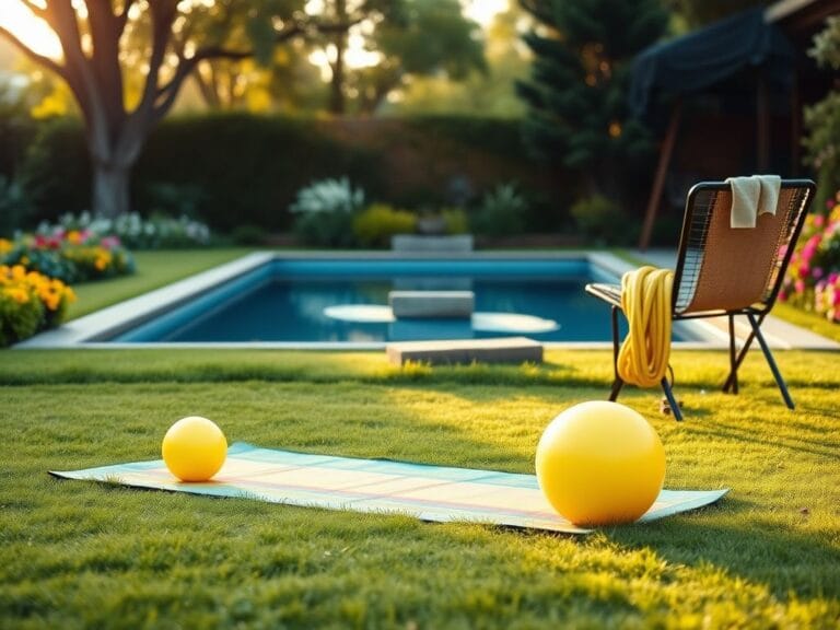 Flick International Serene backyard scene at sunrise with colorful yoga mat and bouncy agility balls representing Valerie Bertinelli's morning jumps.