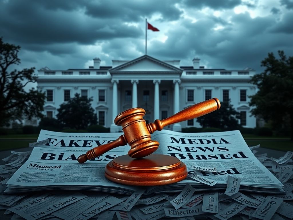 Flick International Digital depiction of the White House with a gavel symbolizing judgment over 'Fake News Media'
