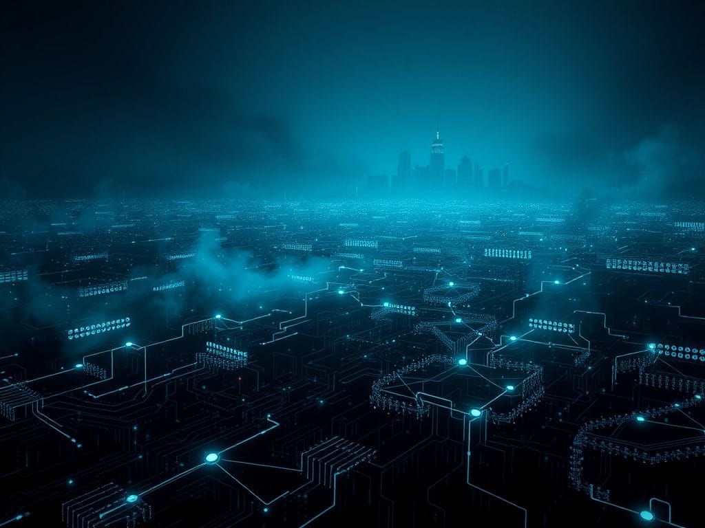 Flick International A dark digital landscape showcasing circuits and data streams in a high-tech setting.