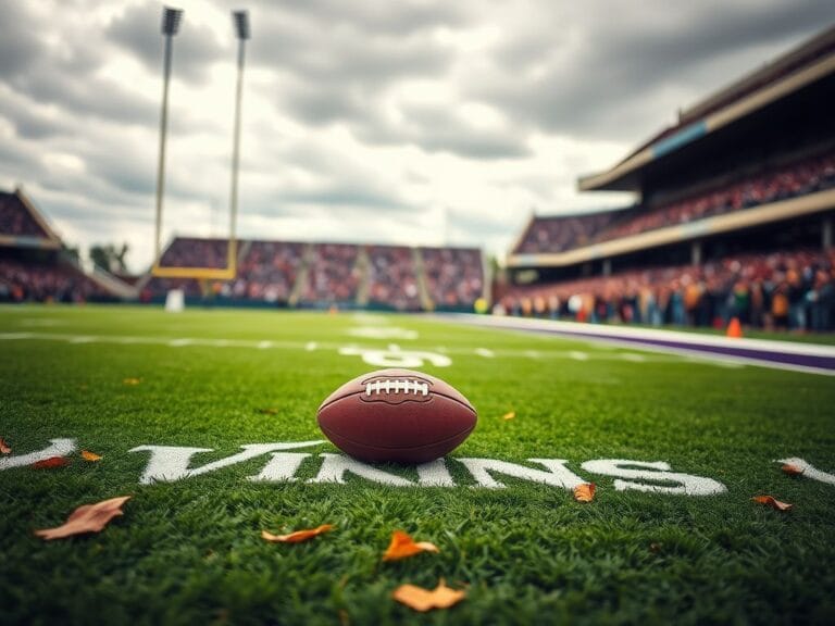 Flick International A dramatic football field scene showcasing the Minnesota Vikings' logo and a football partially hidden in shadow, symbolizing anticipation for the game.