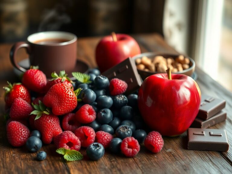 Flick International Assortment of flavanol-rich foods including dark chocolate, fresh berries, and an apple on a rustic wooden table