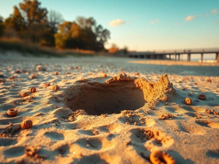 Flick International A serene sandy beach scene with a deep, collapsed sand hole and surrounding disturbed sand.