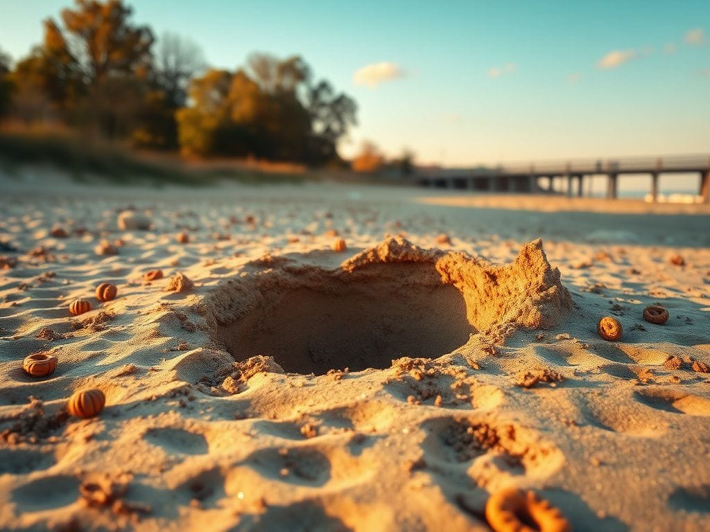 Flick International A serene sandy beach scene with a deep, collapsed sand hole and surrounding disturbed sand.