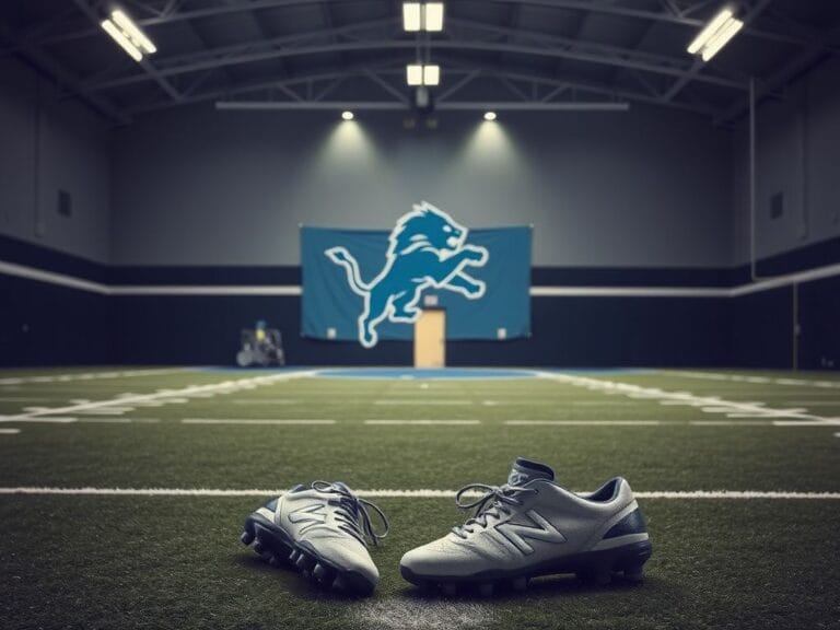 Flick International Dimly lit indoor sports facility with empty football field featuring Detroit Lions logo and abandoned football cleats symbolizing missed opportunities.