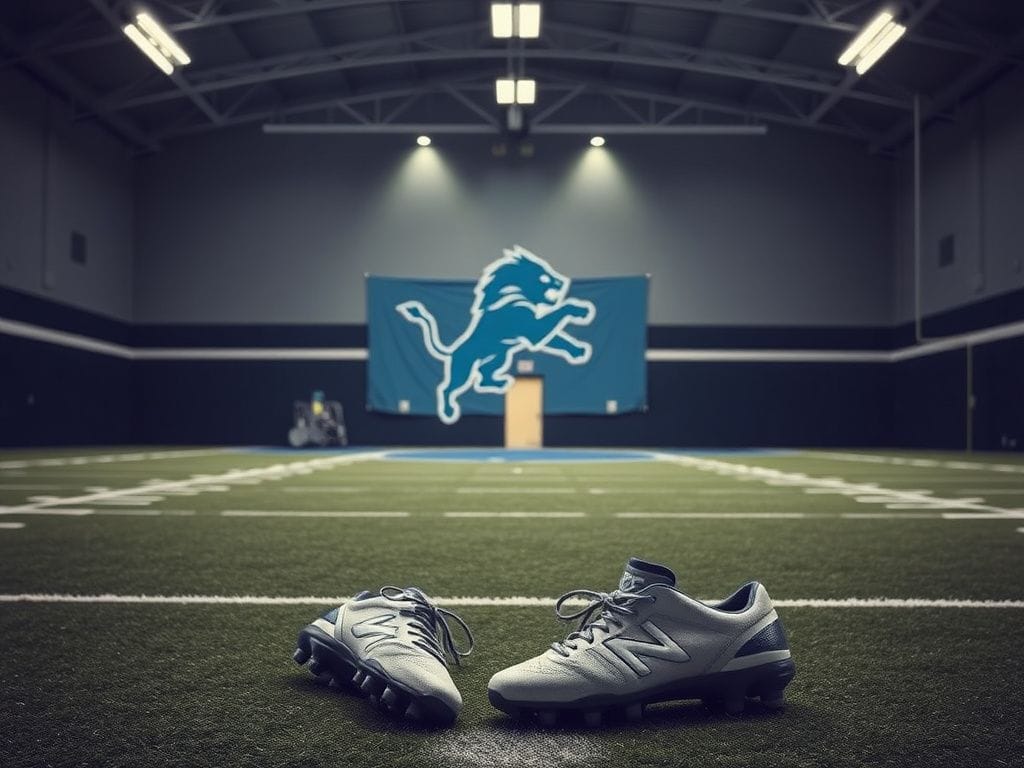Flick International Dimly lit indoor sports facility with empty football field featuring Detroit Lions logo and abandoned football cleats symbolizing missed opportunities.