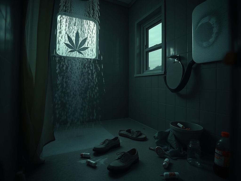 Flick International dimly lit bathroom scene depicting urgency linked to cannabis use