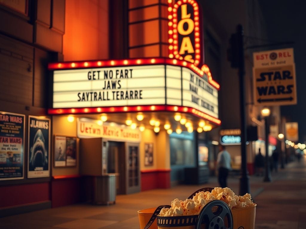 Flick International Vintage movie theater from the late 1970s with classic film titles on marquee sign