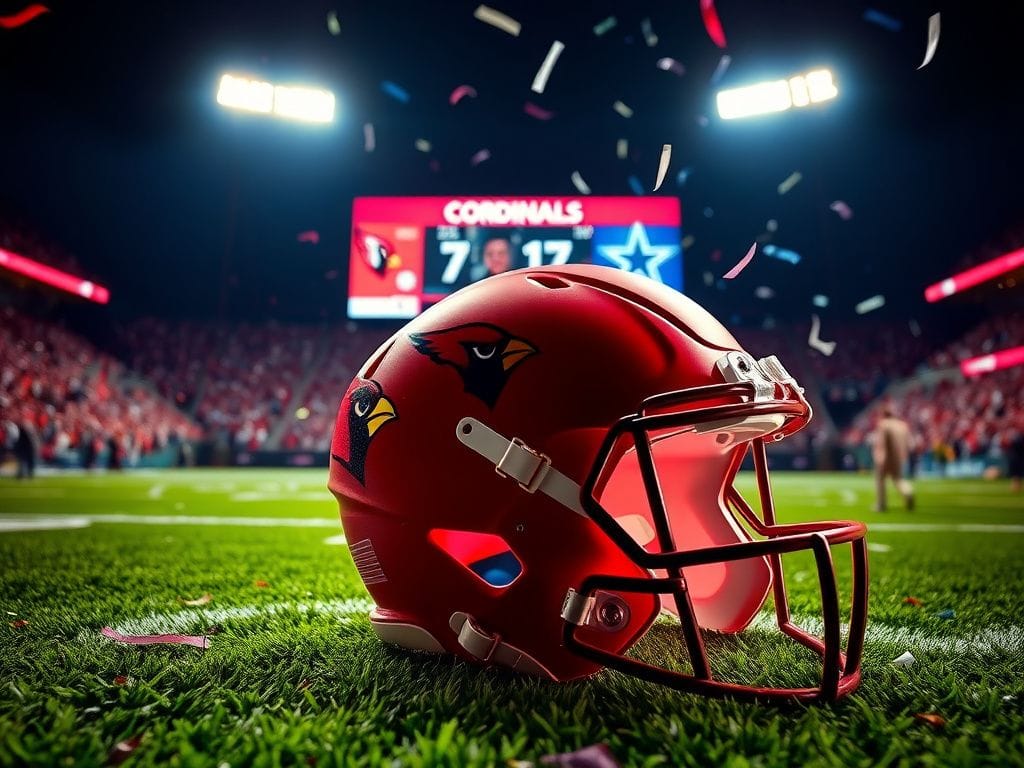 Flick International Arizona Cardinals helmet on field turf with stadium lights