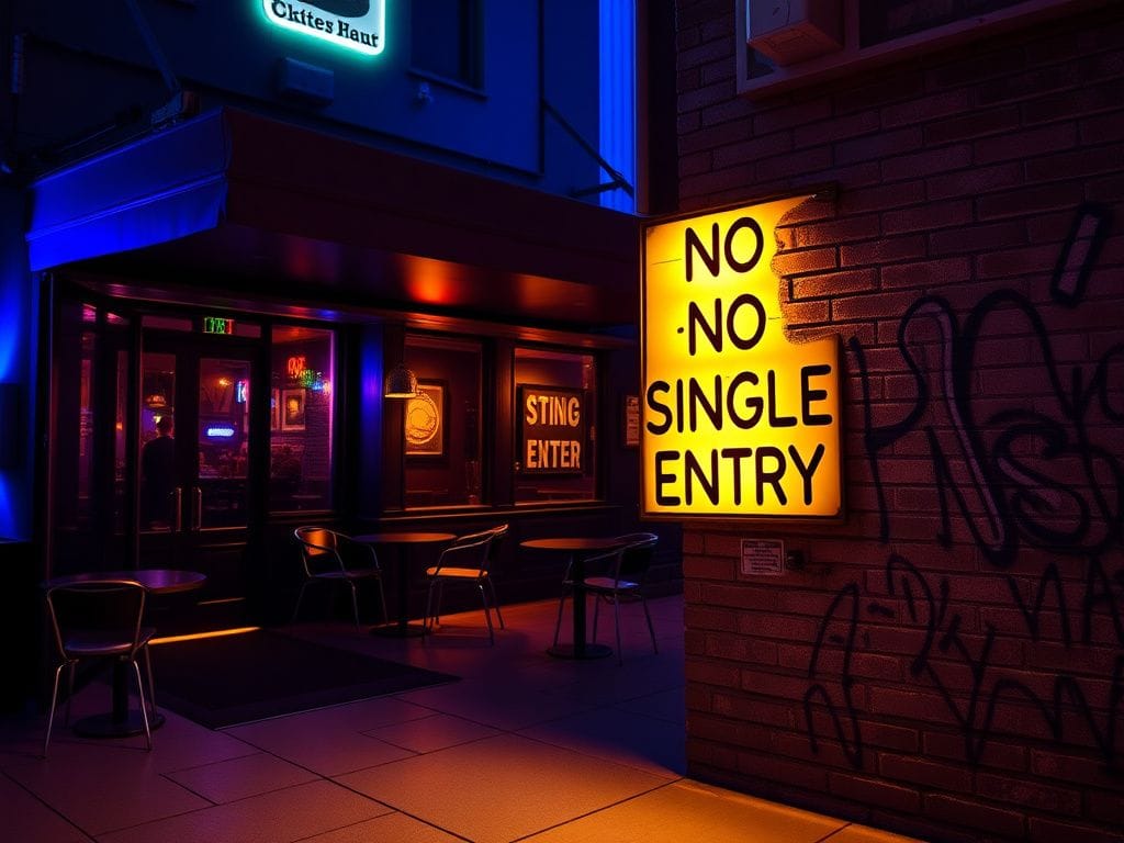 Flick International Exterior view of Alibi cocktail bar at night with 'No Single Entry' sign