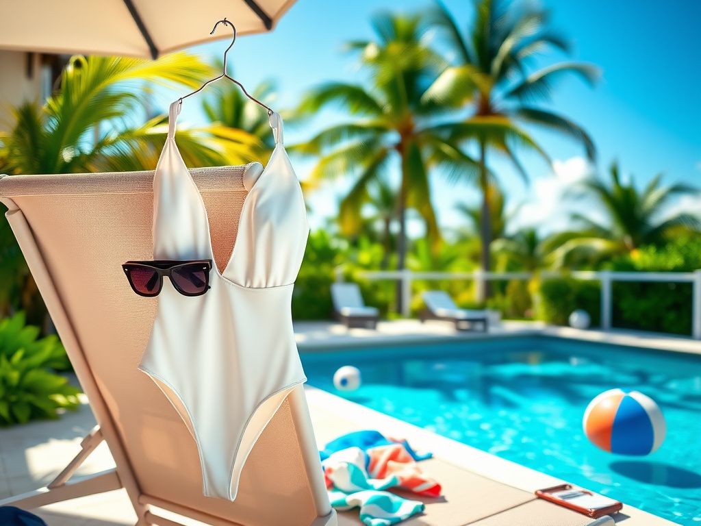 Flick International Elegant low-cut white one-piece swimsuit hanging on a poolside lounge chair