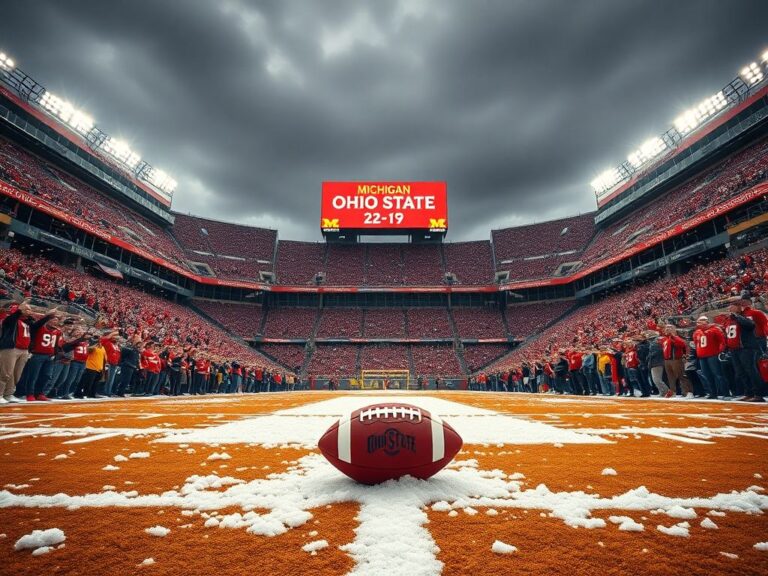 Flick International Dramatic winter scene inside the Big House football stadium with Ohio State colors against snow