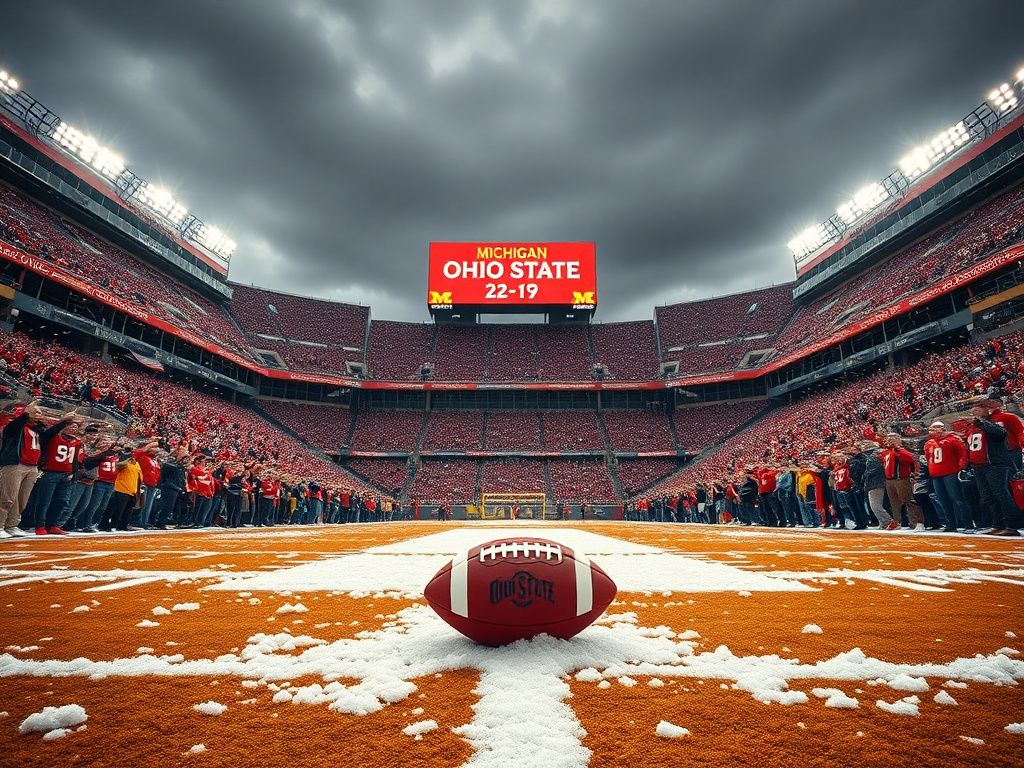 Flick International Dramatic winter scene inside the Big House football stadium with Ohio State colors against snow