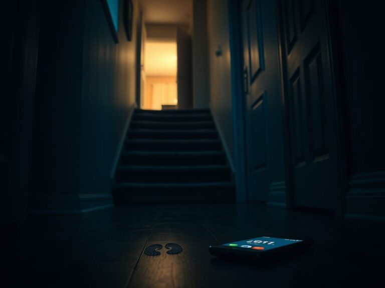Flick International Dimly lit hallway with messy footprints suggesting an intrusion in a suburban home