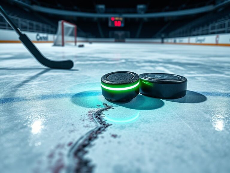 Flick International Close-up of a hockey rink with a deep scratch on the ice, symbolizing player injuries.