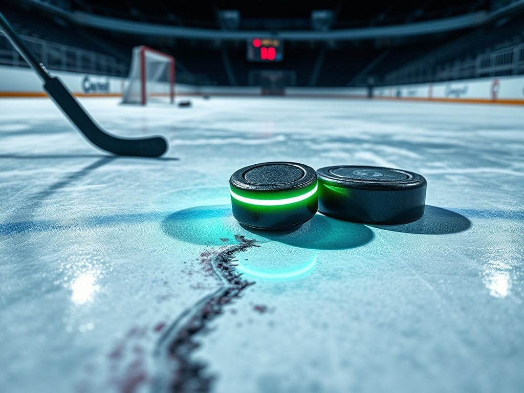 Flick International Close-up of a hockey rink with a deep scratch on the ice, symbolizing player injuries.