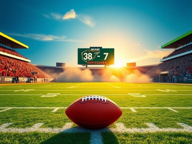 Flick International Dynamic college football scene with Miami Hurricanes football on the 50-yard line.