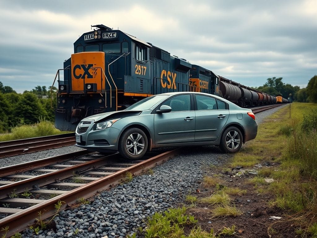 Flick International Freight train pushing a gray sedan on the tracks after an accident