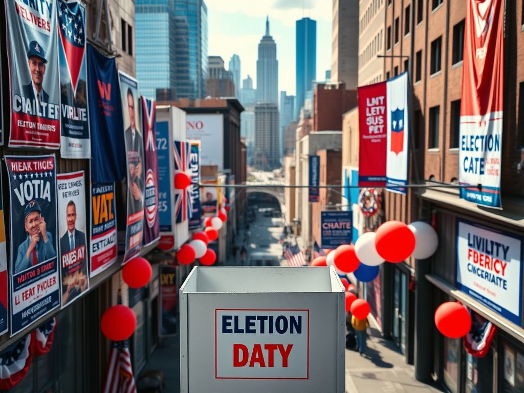Flick International Overhead view of a bustling election day scene in a diverse urban setting with colorful campaign posters.