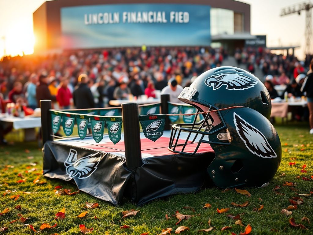 Flick International A vibrant football tailgate scene with a wrestling ring in Philadelphia Eagles colors and an oversized Eagles helmet.