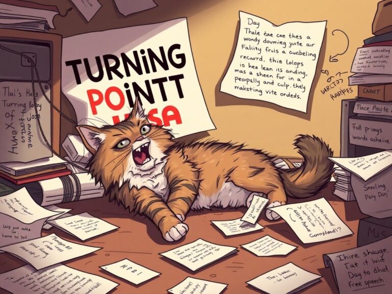 Flick International disheveled rescue cat lounging on a cluttered floor, yowling playfully