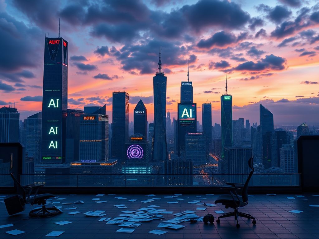 Flick International Futuristic city skyline at dusk showcasing AI technology and empty office spaces