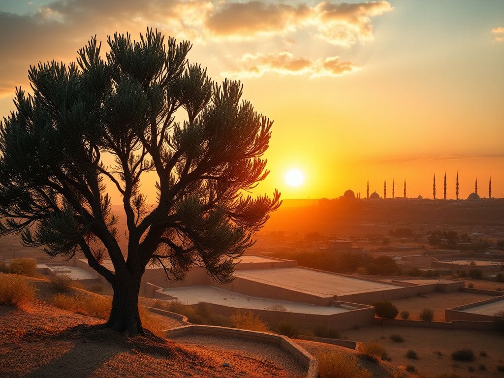 Flick International Dramatic sunset view of the Middle East landscape with olive tree symbolizing peace