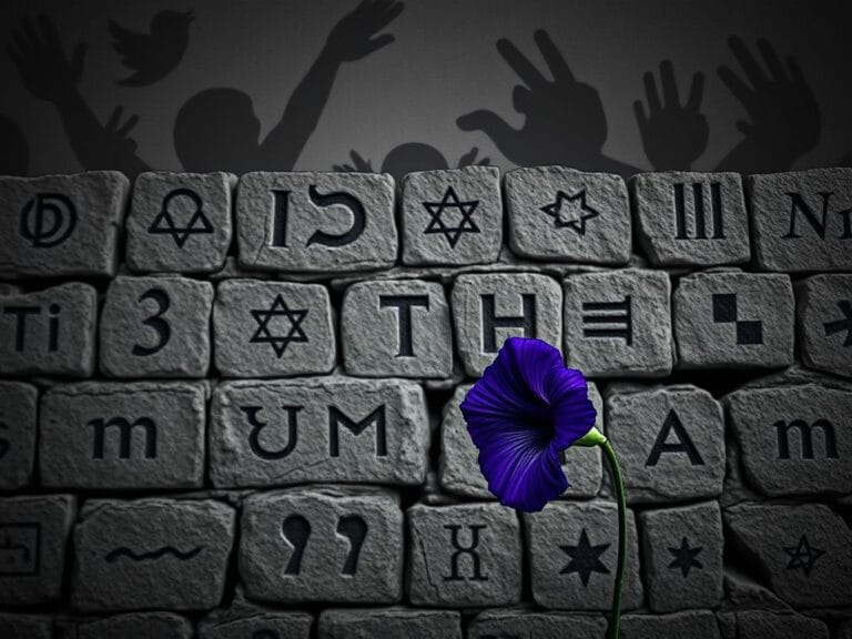 Flick International Ancient stone wall with faded cultural symbols and a wilted morning glory flower