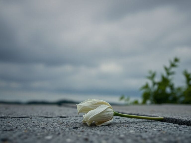Flick International A wilted white lily on a stone surface against a muted cloudy background