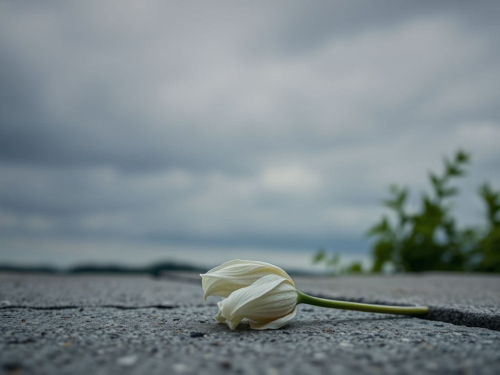 Flick International A wilted white lily on a stone surface against a muted cloudy background