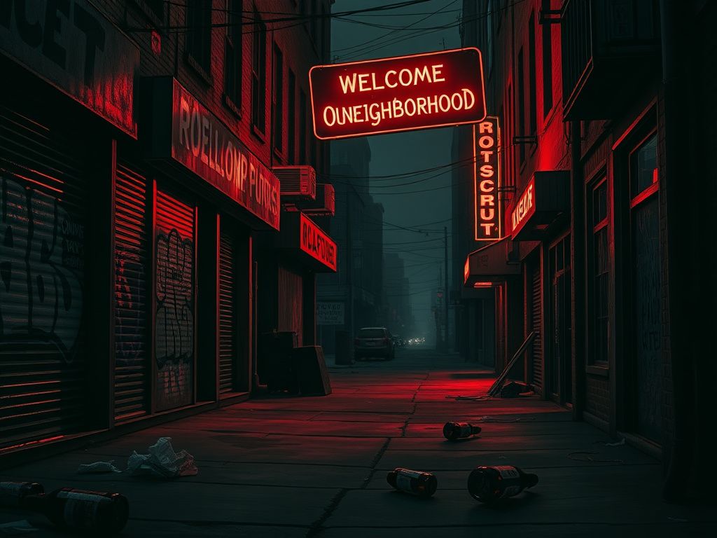 Flick International Dimly-lit urban street scene along Roosevelt Avenue showcasing signs of decay and illicit activity