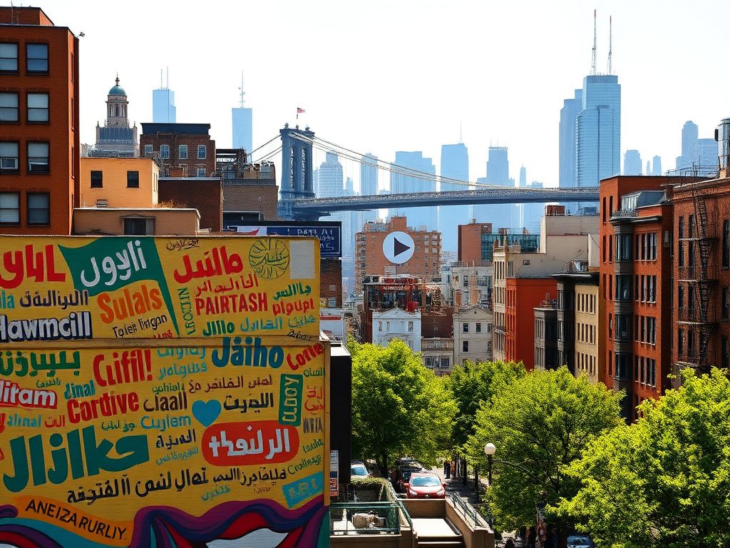 Flick International Urban New York City landscape featuring a vibrant mural with Arabic text, representing cultural diversity and inclusion