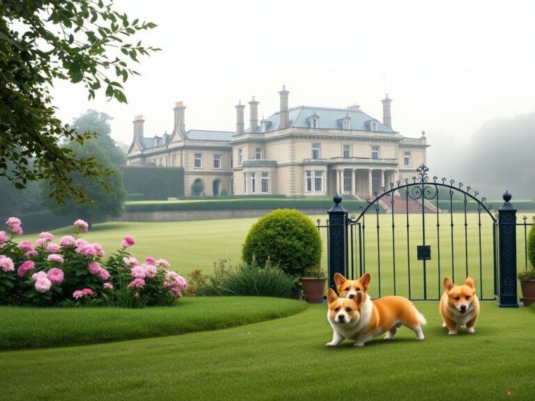 Flick International Exterior view of the Royal Lodge estate with a lush garden and playing corgis