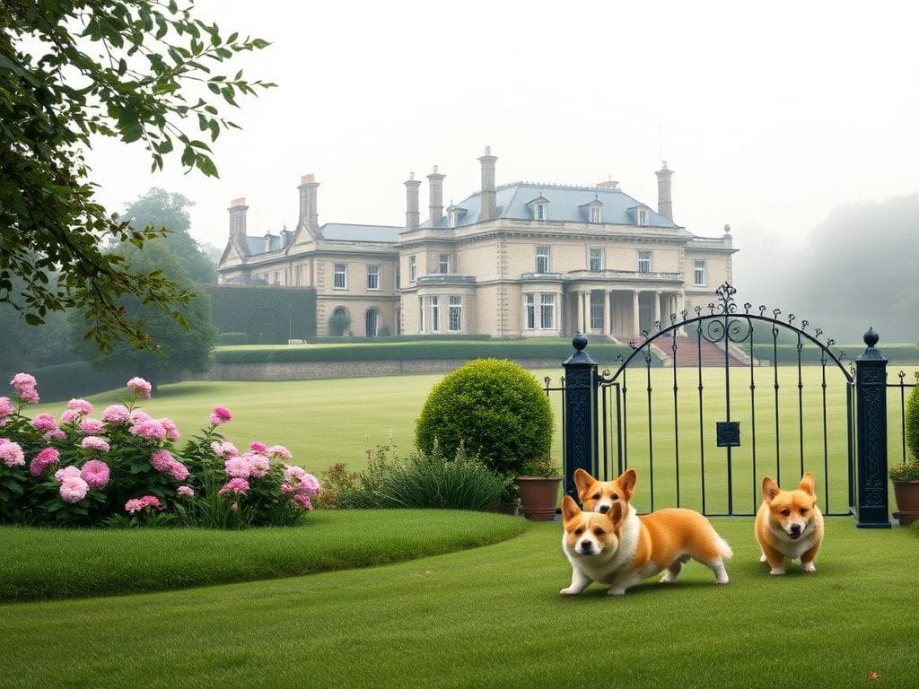 Flick International Exterior view of the Royal Lodge estate with a lush garden and playing corgis