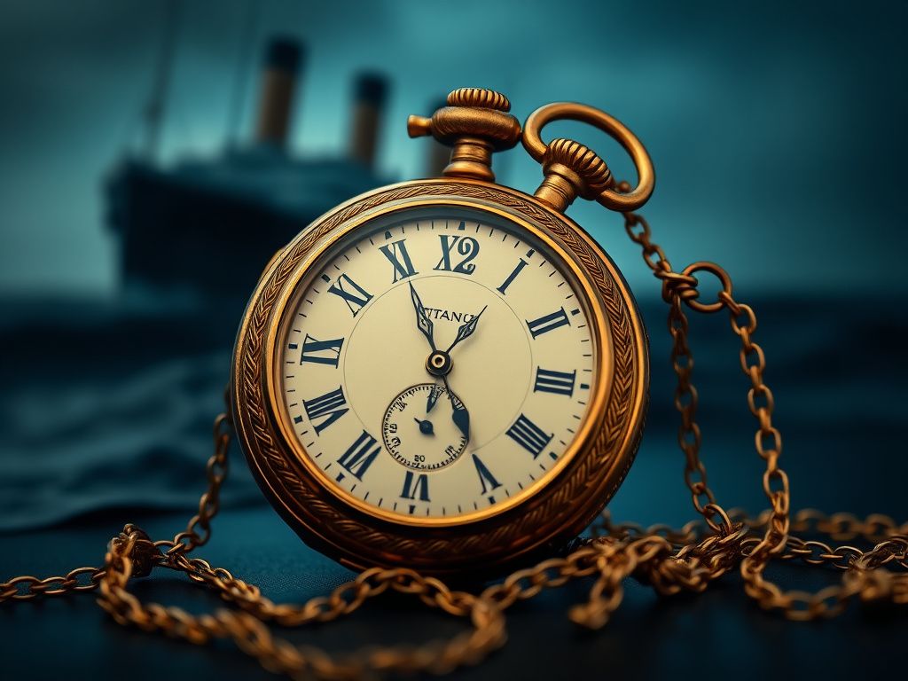 Flick International Close-up of an ornate 1888 gold pocket watch stopped at 2:20 a.m., a Titanic artifact