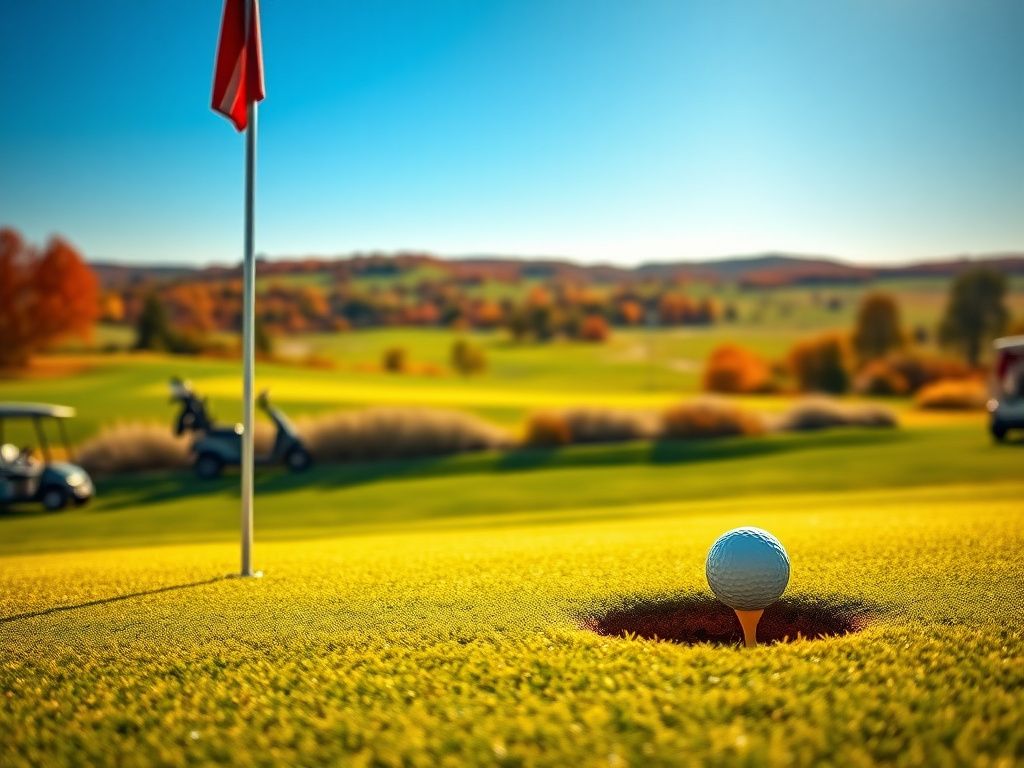 Flick International Golf ball on putting green with a flagstick swaying in a sunny golf course