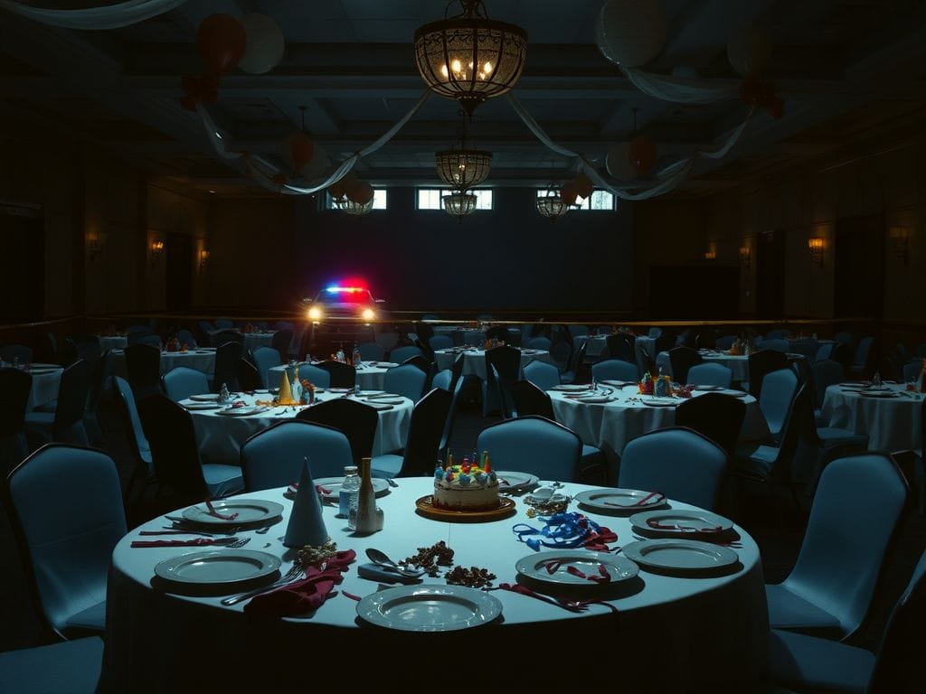 Flick International somber banquet hall scene following Stockton shooting with empty tables and festive decorations
