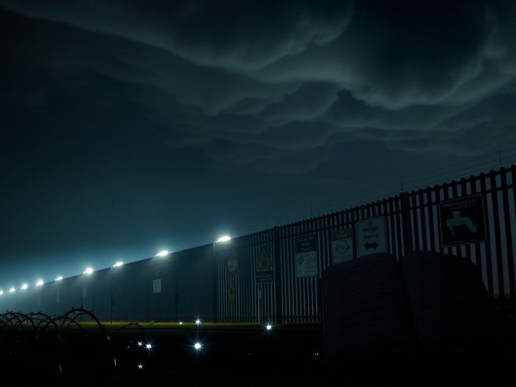 Flick International Dramatic nighttime scene of the U.S.-Mexico border with fortified wall and floodlights