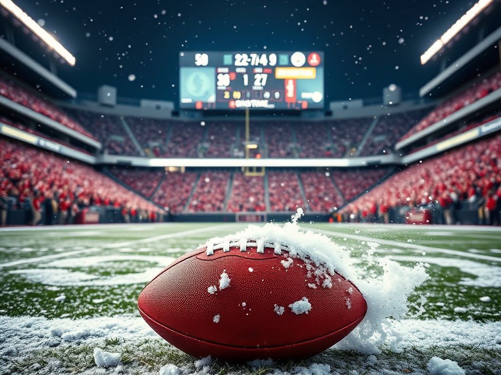 Flick International Close-up of an Ohio State football on the turf near the goal line, partially covered in snow.