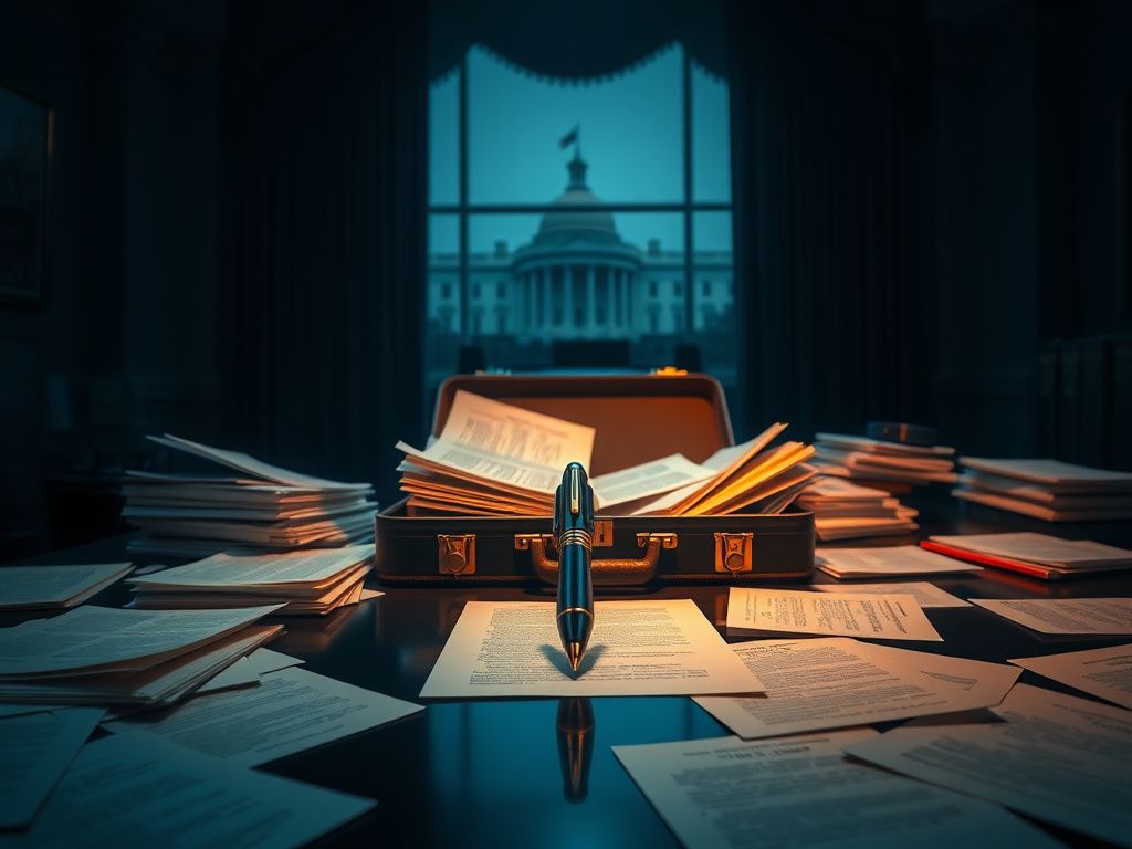 Flick International Presidential desk featuring an autopen surrounded by documents