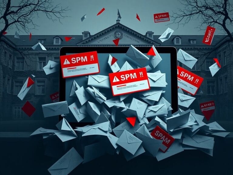 Flick International Digital scene of a chaotic campus email inbox with crumpled messages and spam labels