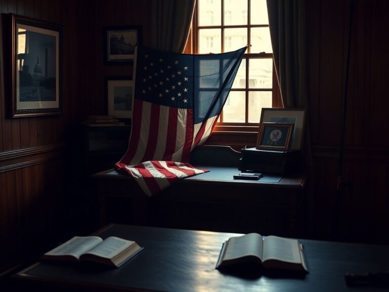 Flick International Empty desk with vintage American flag and framed historical photographs