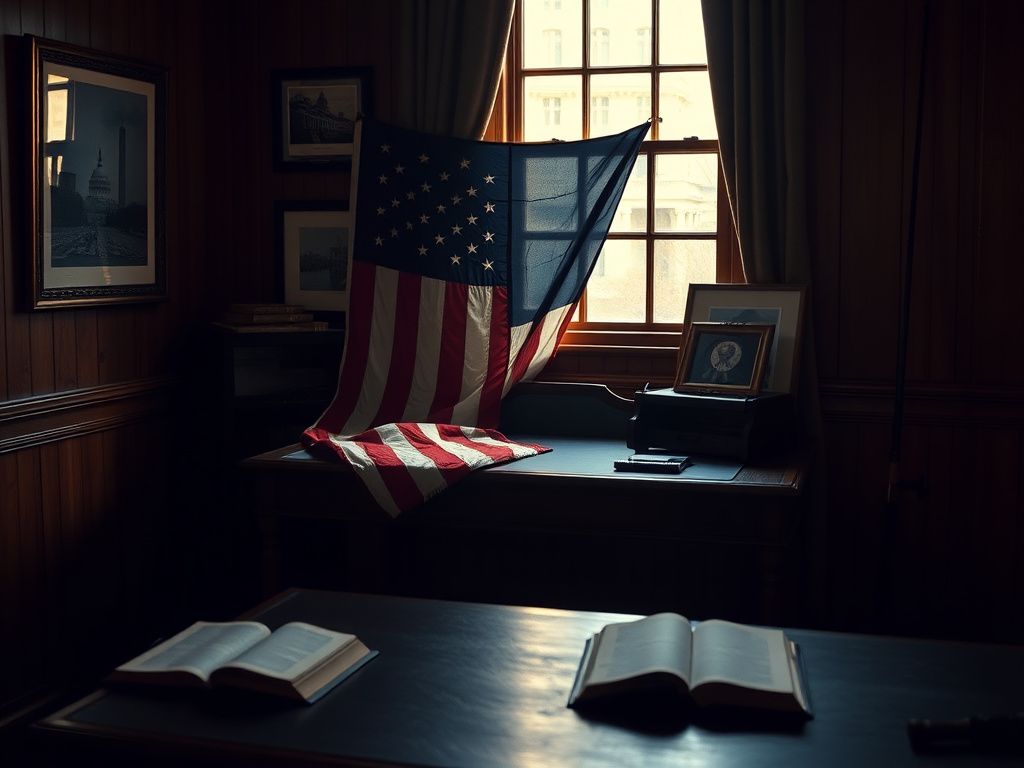 Flick International Empty desk with vintage American flag and framed historical photographs
