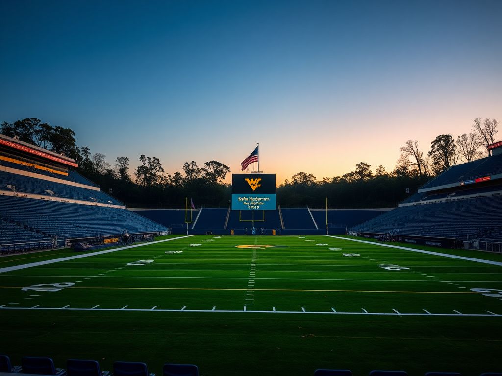 Flick International Dusk scene of West Virginia football stadium with tribute scoreboard for fallen soldiers